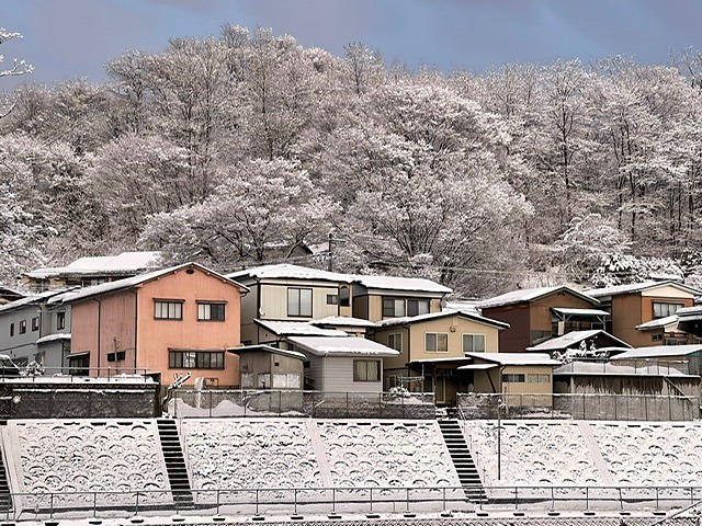 雪の朝、家々の屋根